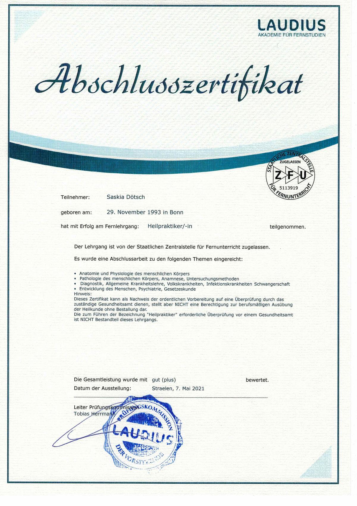 Abschlusszertifikat der Ausbildung zum Heilpraktiker in Kiel